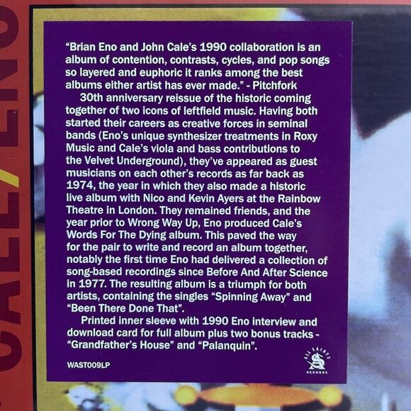 Brian Eno & John Cale – Wrong Way Up (30th Ann) – Vinyl, LP, All Saints NEW 2020 - Picture 2 of 3